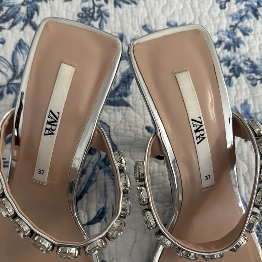 Zara Silver Metallic Jeweled Heels